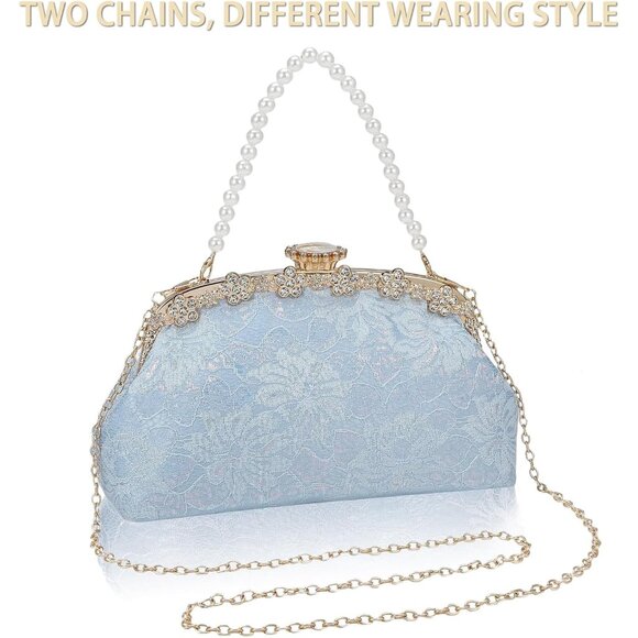 ⚡ Women's Light Blue Fabric Lace Pearl Chain Rhinestones Shoulder Clutch Bag - Picture 5 of 9